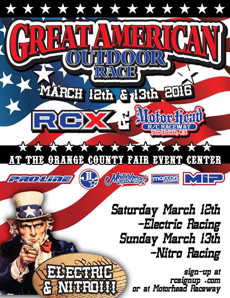 Great American Off Road Outdoor Race Surface Racing will be in full effect all weekend long at RCX during the GREAT AMERICAN OFF ROAD OUTDOOR RACE! RCX will feature a full RC Dirt surface track and host two full days of race action! Sat, March 12 will feature electric classes and nitro class racers battle on Sunday, March 13. Racers, sign up today at www.RCsignUP.com or at Motor Head Indoor Raceway!